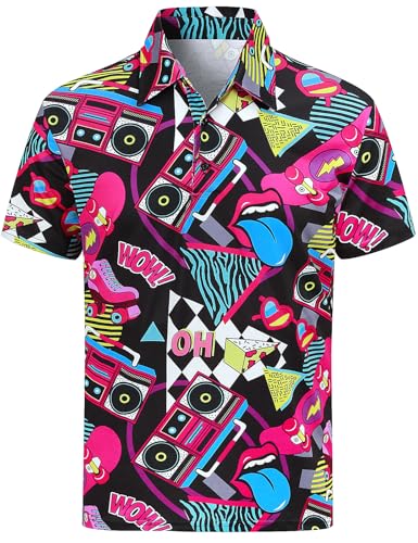 COSAVOROCK 80er Jahre Hemd Herren 90er 70er Jahre Disco Kostüm Flora Retro Poloshirt, Schwarz, XL von COSAVOROCK