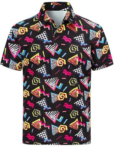 COSAVOROCK 80er Jahre Hemd Herren 90er 70er Jahre Disco Kostüm Flora Retro Poloshirt, Schwarz, XL von COSAVOROCK