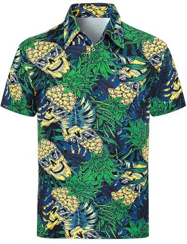 COSAVOROCK Ananas Poloshirt Herren Hawaii Aloha Casual Kurzarm Hemd 3D Gedruckt Hawaiihemd, Ananas, XXL von COSAVOROCK