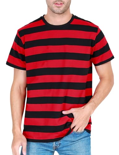 COSAVOROCK Gestreiftes Shirt Herren Kurzärmelige Rot Schwarz Rundhalsausschnitt Kostüm M von COSAVOROCK