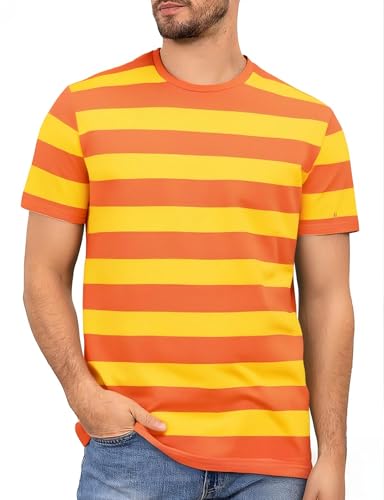 COSAVOROCK Gestreiftes Shirt Herren Kurzärmelige Orange Gelb Rundhalsausschnitt Kostüm L von COSAVOROCK