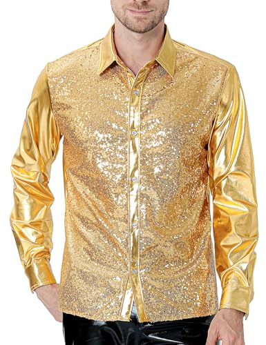 COSAVOROCK Glitzer Hemd Herren 70er Jahre Disco Kostüm Glänzend Metallisch Bekleidung Gold S von COSAVOROCK