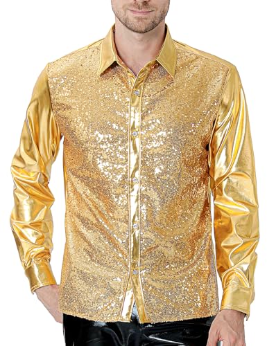 COSAVOROCK Glitzer Hemd Herren 70er Jahre Disco Kostüm Glänzend Metallisch Bekleidung Gold XL COSAVOROCK Glitzer Hemd Herren 70er Jahre Disco Kostüm Glänzend Metallisch Bekleidung Gold XL von COSAVOROCK