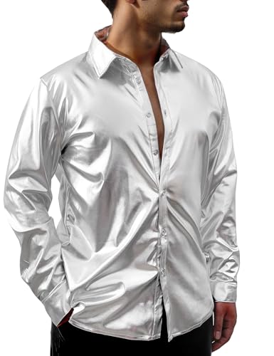 COSAVOROCK Glitzer Hemd Herren 70er Jahre Disco Kostüm Glänzend Metallisch Bekleidung Silber M von COSAVOROCK