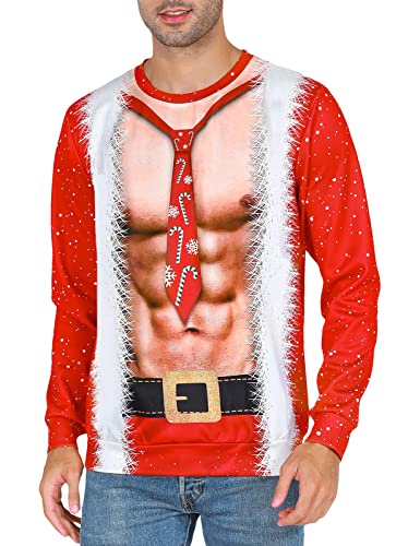 COSAVOROCK Hässliche Weihnachtspullover Herren Damen Weihnachts Pullover Weihnachten Sweatshirt Bauchmuskel Rot XXL von COSAVOROCK