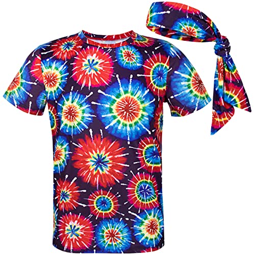 COSAVOROCK Herren 60er 70er Jahre Funky Psychedelic Hippie Kostüm T-Shirts mit Stirnbänder Mehrfarbig L von COSAVOROCK