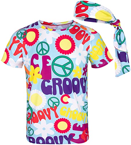 COSAVOROCK Herren 60er 70er Jahre Groovy Hippie Kostüm T-Shirts mit Stirnbänder (4XL, Peace) von COSAVOROCK