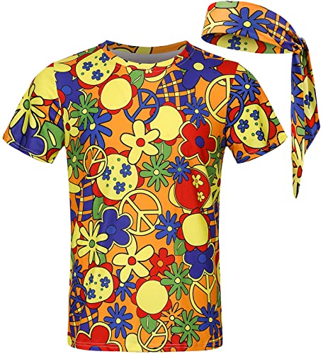 COSAVOROCK Herren 60er 70er Jahre Hippie Kostüm Hippy Retro Flower Power T-Shirt mit Stirnbänder XXL COSAVOROCK Herren 60er 70er Jahre Hippie Kostüm Hippy Retro Flower Power T-Shirt mit Stirnbänder XXL von COSAVOROCK