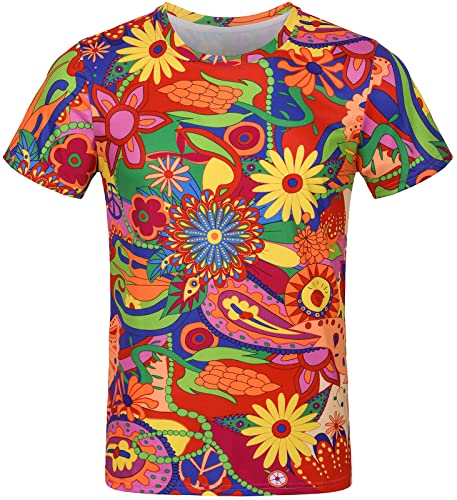 COSAVOROCK Herren 60er 70er Jahre Hippie T-Shirts Hippy Flower Power Kostüm Retro T Shirt XL von COSAVOROCK