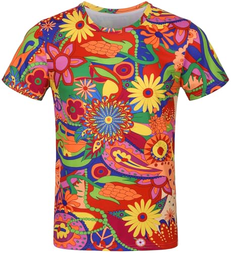 COSAVOROCK Herren 60er 70er Jahre Hippie T-Shirts Hippy Flower Power Kostüm Retro T Shirt XL von COSAVOROCK