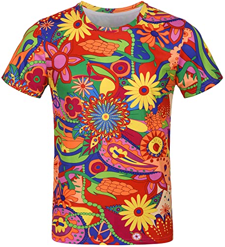 COSAVOROCK Herren 60er 70er Jahre Hippie T-Shirts Hippy Flower Power Kostüm Retro T Shirt XXL von COSAVOROCK
