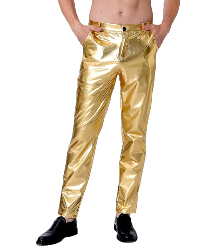 COSAVOROCK Herren 70er Jahre Disco Hose Metallic Glänzend Hosen Gold 38W von COSAVOROCK