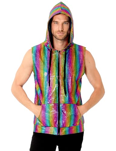 COSAVOROCK Herren 70er Jahre Disco Kostüm Metallic Hemd Pailletten Weste Hässliche Glänzend Bronzing Hoodie, Mehrfarbig, XXL COSAVOROCK Herren 70er Jahre Disco Kostüm Metallic Hemd Pailletten Weste Hässliche Glänzend Bronzing Hoodie, Mehrfarbig, XXL von COSAVOROCK