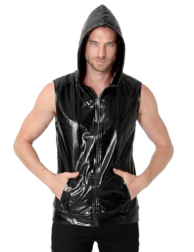 COSAVOROCK Herren 70er Jahre Disco Kostüm Metallic Hemd Pailletten Weste Hässliche Glänzend Bronzing Hoodie, Schwarz, XXL COSAVOROCK Herren 70er Jahre Disco Kostüm Metallic Hemd Pailletten Weste Hässliche Glänzend Bronzing Hoodie, Schwarz, XXL von COSAVOROCK