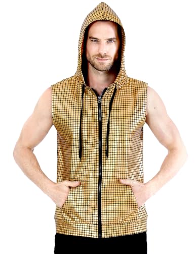 COSAVOROCK Herren 70er Jahre Disco Kostüm Metallic Hemd Pailletten Weste Hässliche Glänzend Bronzing Hoodie Gold XL von COSAVOROCK