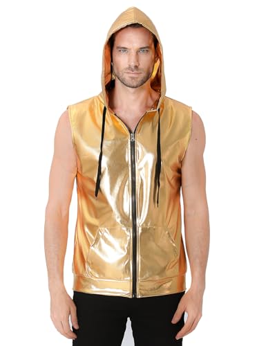 COSAVOROCK Herren 70er Jahre Disco Kostüm Metallic Hemd Pailletten Weste Hässliche Glänzend Bronzing Hoodie Gold XXL von COSAVOROCK