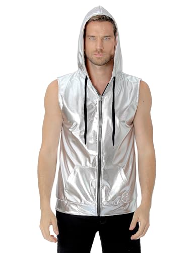 COSAVOROCK Herren 70er Jahre Disco Kostüm Metallic Hemd Pailletten Weste Hässliche Glänzend Bronzing Hoodie Silber M von COSAVOROCK