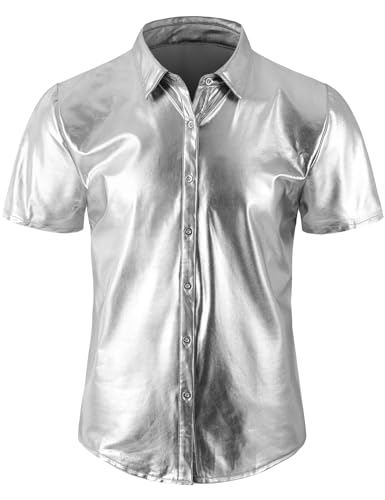 COSAVOROCK Herren 70er Jahre Silber Hemd Disco Metallic Kostüm Hässliche Glänzend Bronzing Hemden XXL COSAVOROCK Herren 70er Jahre Silber Hemd Disco Metallic Kostüm Hässliche Glänzend Bronzing Hemden XXL von COSAVOROCK
