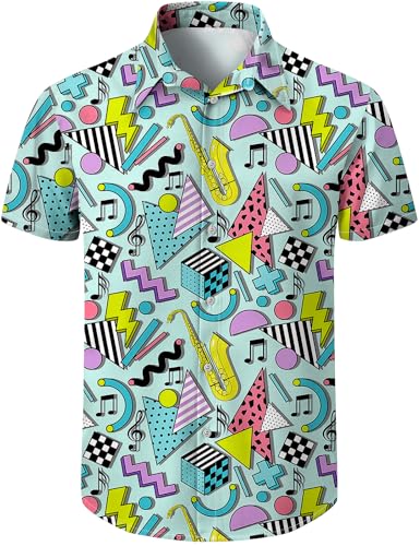 COSAVOROCK Herren 80er Jahre Hemd 70er 90er Jahre Outfit Vintage Retro Hemden Casual Kurzarm Hawaiihemd, Grün, XL von COSAVOROCK
