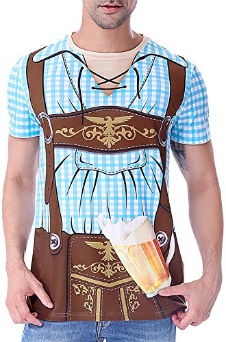 COSAVOROCK Herren Bayerische Oktoberfest Kostüm T-Shirts Outfit Hemd Kleidung Blau XL von COSAVOROCK