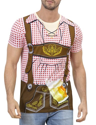 COSAVOROCK Herren Bayerische Oktoberfest Kostüm T-Shirts Outfit Hemd Rot XL von COSAVOROCK