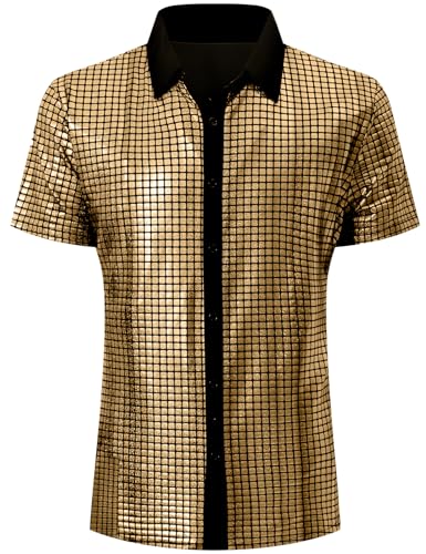COSAVOROCK Herren Paillettenhemd 70er Jahre Disco Fancy Dress Glänzend Metallisch Kostüm Gold M von COSAVOROCK