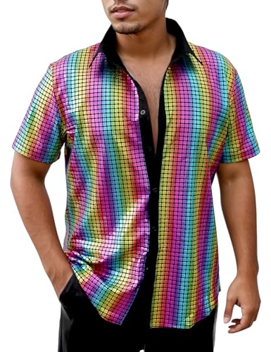COSAVOROCK Herren Paillettenhemd 70er Jahre Disco Fancy Dress Glänzend Metallisch Kostüm Mehrfarbig XL von COSAVOROCK