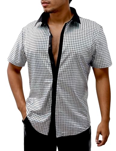 COSAVOROCK Herren Paillettenhemd 70er Jahre Disco Fancy Dress Glänzend Metallisch Kostüm Silber L von COSAVOROCK