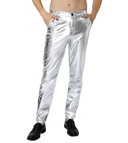 COSAVOROCK Herren Paillettenhose 70er Jahre Disco Metallic Hose Kostüm Outfits Silber 38W von COSAVOROCK