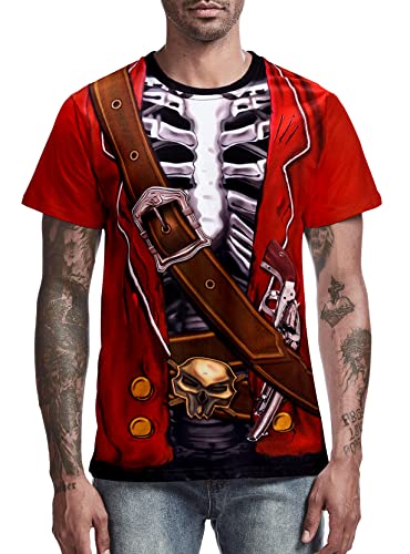 COSAVOROCK Herren Skelett Piraten Kostüm T-Shirts Rot M von COSAVOROCK