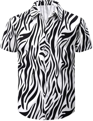 COSAVOROCK Herren Zebra Muster Hemd Hawaii Casual Kurzarm Hawaiihemd, Schwarz, XXL von COSAVOROCK