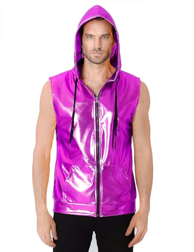 COSAVOROCK Herren ärmellos Hoodie Zip bis Weste Metallic 70s Disco Pailletten Fancy Dress Lila L von COSAVOROCK