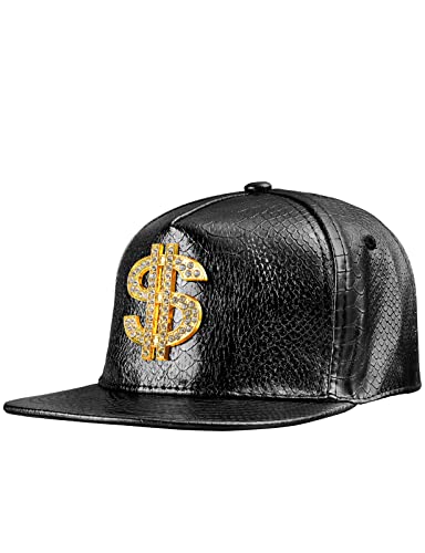 COSAVOROCK Hip Hop Kappe Schwarz Hut Rapper Kostüm PU Leder Snapback Baseball Cap von COSAVOROCK
