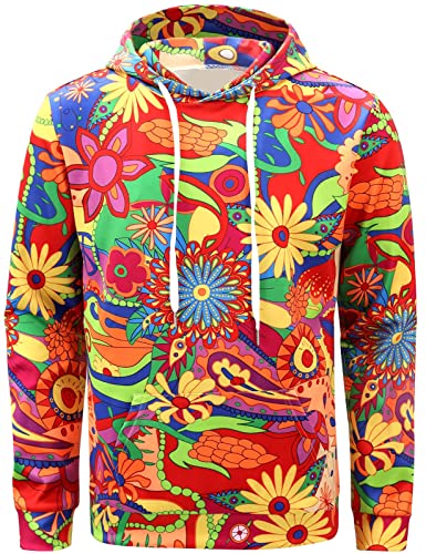 COSAVOROCK Kapuzenpullover Herren Damen 70er Jahre Hippie Kostüm Vintage Retro Hoodie Pullover Sweatshirt Blumen XXL von COSAVOROCK