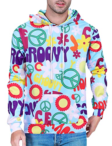 COSAVOROCK Kapuzenpullover Herren Damen 70er Jahre Hippie Kostüm Vintage Retro Hoodie Pullover Sweatshirt Groovy M von COSAVOROCK