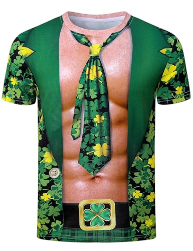 COSAVOROCK Muskel t-Shirt Herren 3D Gedrucktes St Patricks Day Kostüm, Vierblättriges Kleeblatt, XXL von COSAVOROCK