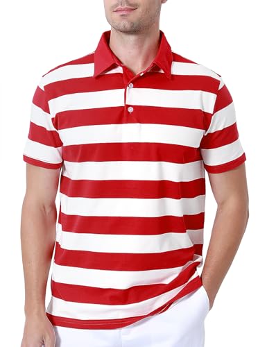 COSAVOROCK Polo Shirt Herren Baumwolle Kurzärmelige Rot Weiß Gestreiftes T-Shirt XXL von COSAVOROCK