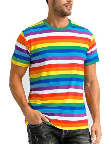 COSAVOROCK Regenbogen Tshirt Herren Mehrfarbig Rundhalsausschnitt Kostüm Gestreiftes Shirt XL von COSAVOROCK