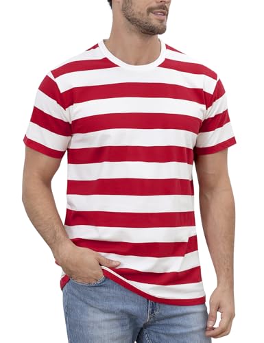 COSAVOROCK Rot Weiß Gestreiftes Tshirt Kurzarm Ringelshirt Herren Rundhalsausschnitt Kostüm S von COSAVOROCK