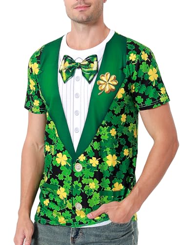 COSAVOROCK St Patricks Day Tshirt Herren Leprechaun Kostüm Kleeblatt Smoking Shirt, Grün, L von COSAVOROCK