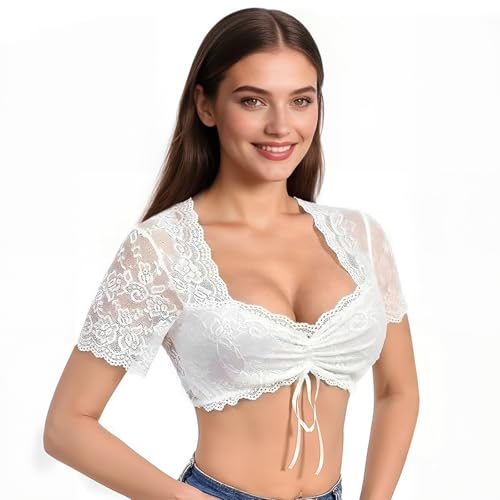 COSBERY Dirndl Bluse Damen Weiß, Dirndlbluse V Ausschnitt, Trachtenbluse Damen Kurzarm, Bluse Damen Elegant für Bayrische Tracht Oktoberfest von COSBERY