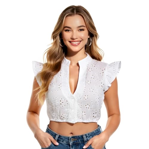COSBERY Dirndl Bluse Damen Weiß, Dirndlbluse V Ausschnitt, Trachtenbluse Damen Kurzarm, Bluse Damen Elegant für Bayrische Tracht Oktoberfest von COSBERY
