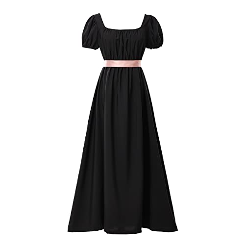 COSDREAMER Damen Mittelalterliches viktorianisches Kleid mit hoher Taille, Retro-Regency-Kleid mit Rüschen und Puffärmeln, Schwarz, L Große Größen Tall von COSDREAMER