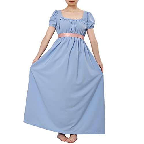 COSDREAMER Damen Mittelalterliches viktorianisches Kleid mit hoher Taille, Retro-Regency-Kleid mit Rüschen und Puffärmeln, hellblau, 46 von COSDREAMER