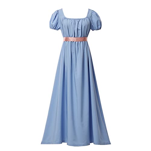 COSDREAMER Damen Mittelalterliches viktorianisches Kleid mit hoher Taille, Retro Regency Kleid mit Rüschen und Puffärmeln, hellblau, 46 von COSDREAMER
