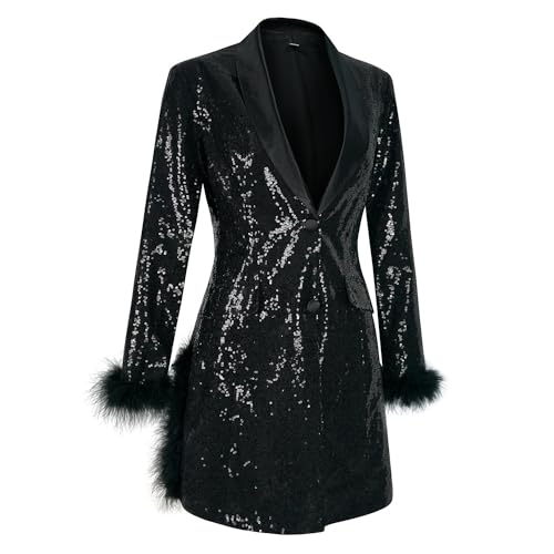 COSDREAMER Damen Pailletten Feder Blazer Lange Ärmel Besatz Bodycon Mini Midikleid Party Club Abendjacke von COSDREAMER