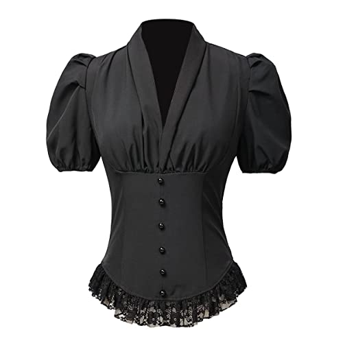 COSDREAMER Damen Viktorianisches Korsett Tops Shirts Gothic Steampunk Schnür Bluse (L, Schwarz) von COSDREAMER