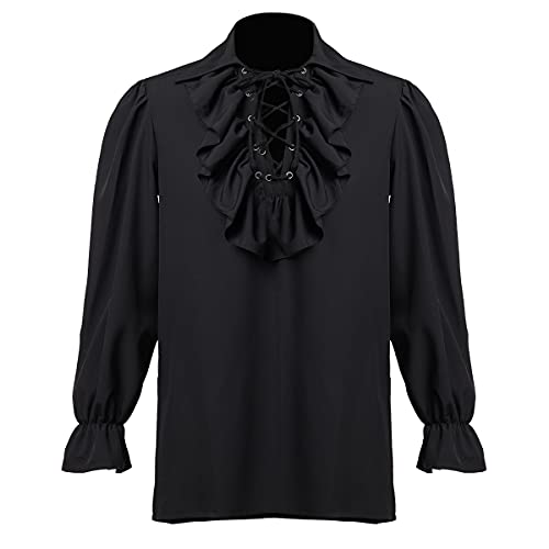 COSDREAMER Herren Renaissance Kostüm Dichter Hemd Mittelalter Pirat Tops Bluse (Schwarz,2XL) von COSDREAMER