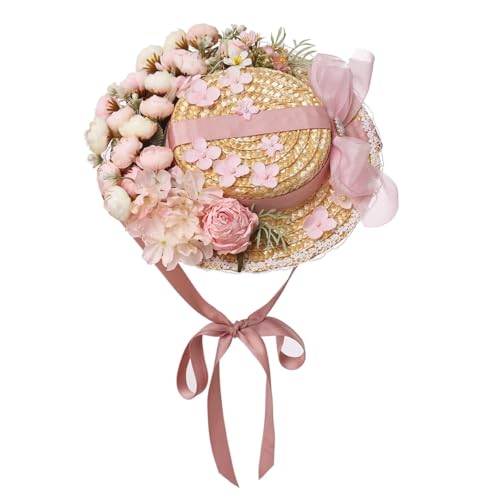 COSDREAMER Mädchen Frauen Teeparty Sonnenhut Spitzenbänder Strohhüte Kleiner Hut (H) von COSDREAMER