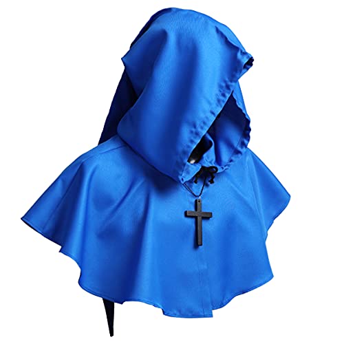 COSDREAMER Mittelalterliche Kapuzen Cowl Kreuz Halskette Halloween-Mantel für Dämonen Hexen Zauberer Cosplay blau, One Size von COSDREAMER